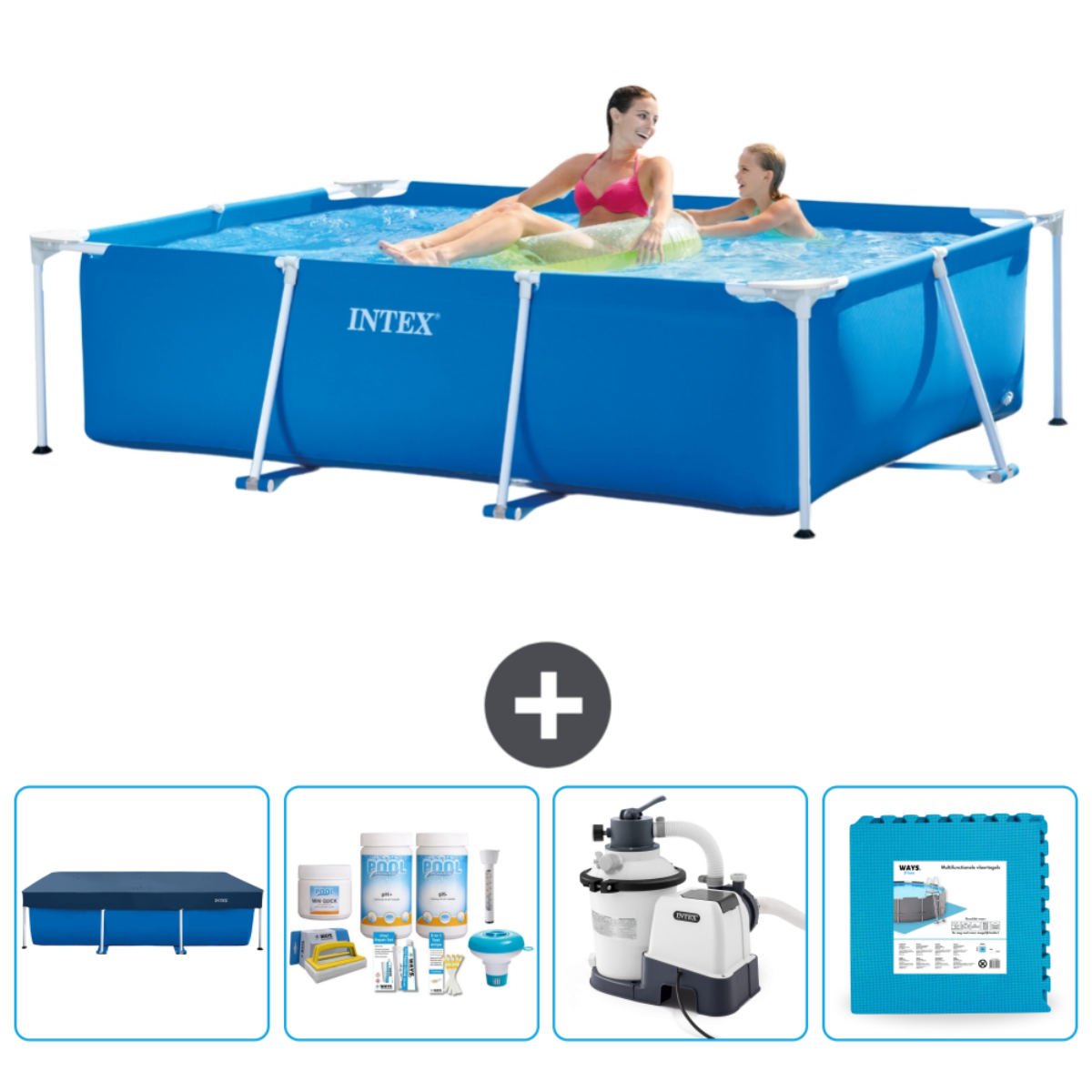 A blue rectangular Intex pool with people inside. Accessories include a filter and cover.