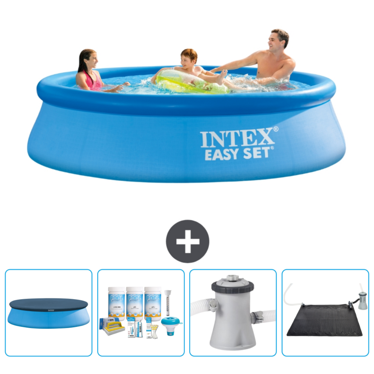 Piscine Intex Easy Set bleue avec personnes. Comprend couverture, filtre, panneau solaire et produits chimiques.