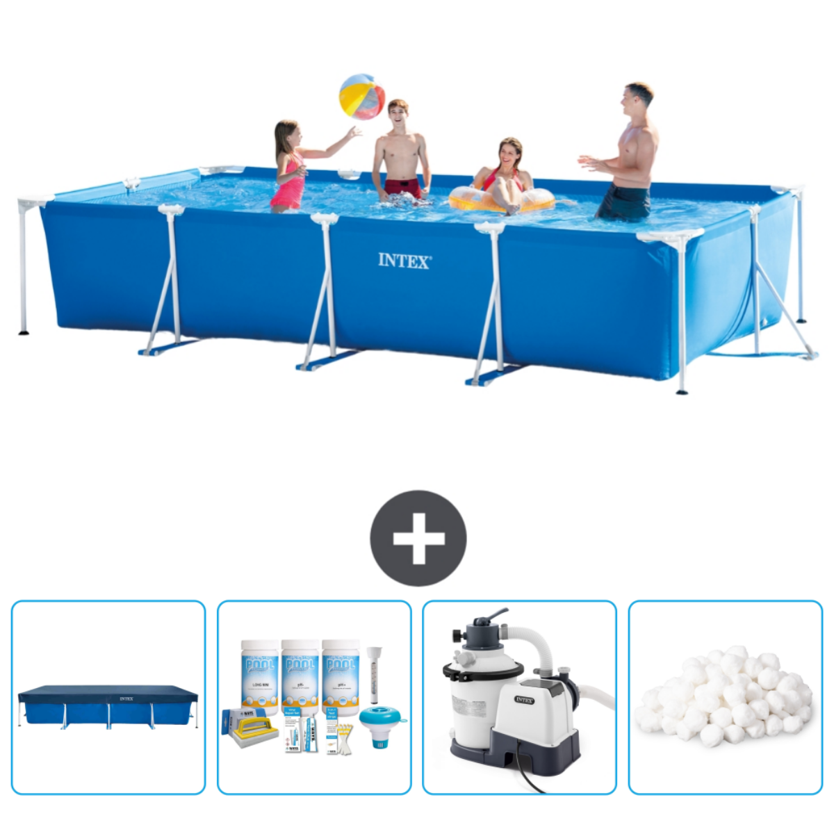 Blue rectangular pool with people. Extras: cover, chemicals, filter, and foam balls.