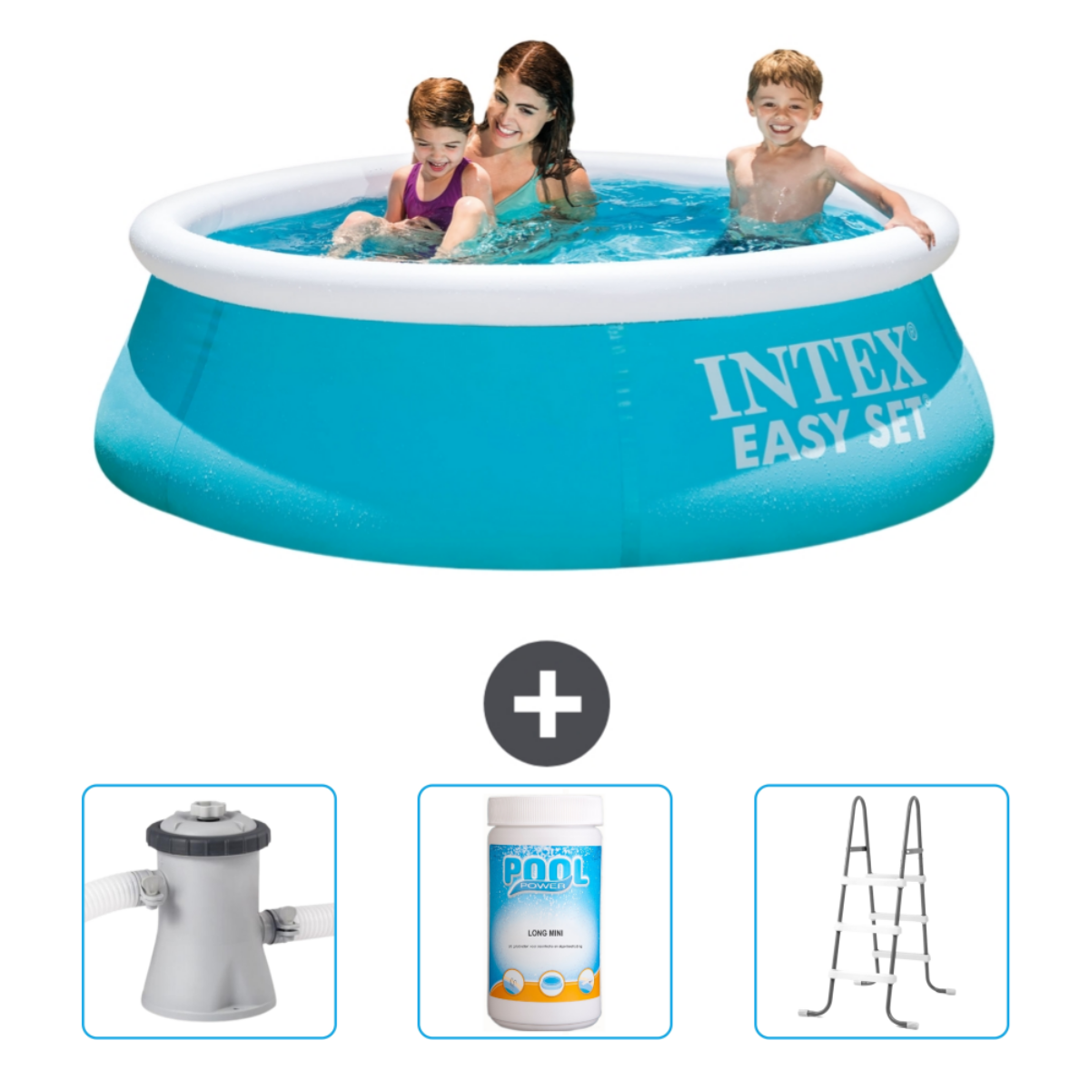 Blauer Pool mit schwimmenden Personen. Poolzubehör unten. Weißer Hintergrund.