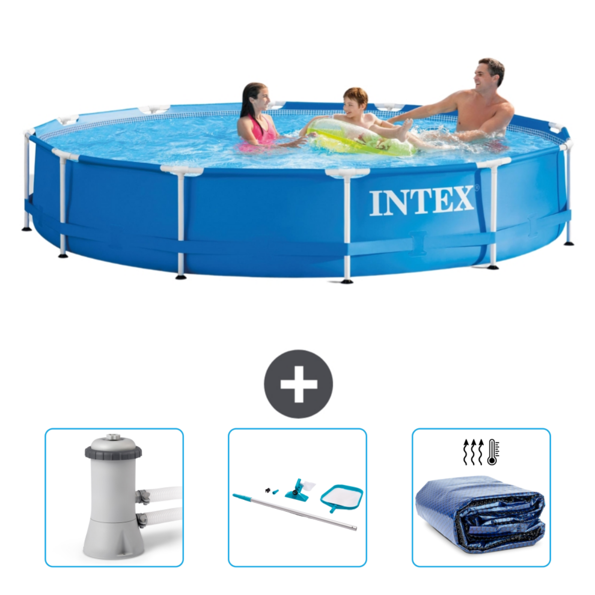 Ein blauer Pool mit Personen, Pluszeichen und Poolzubehör.