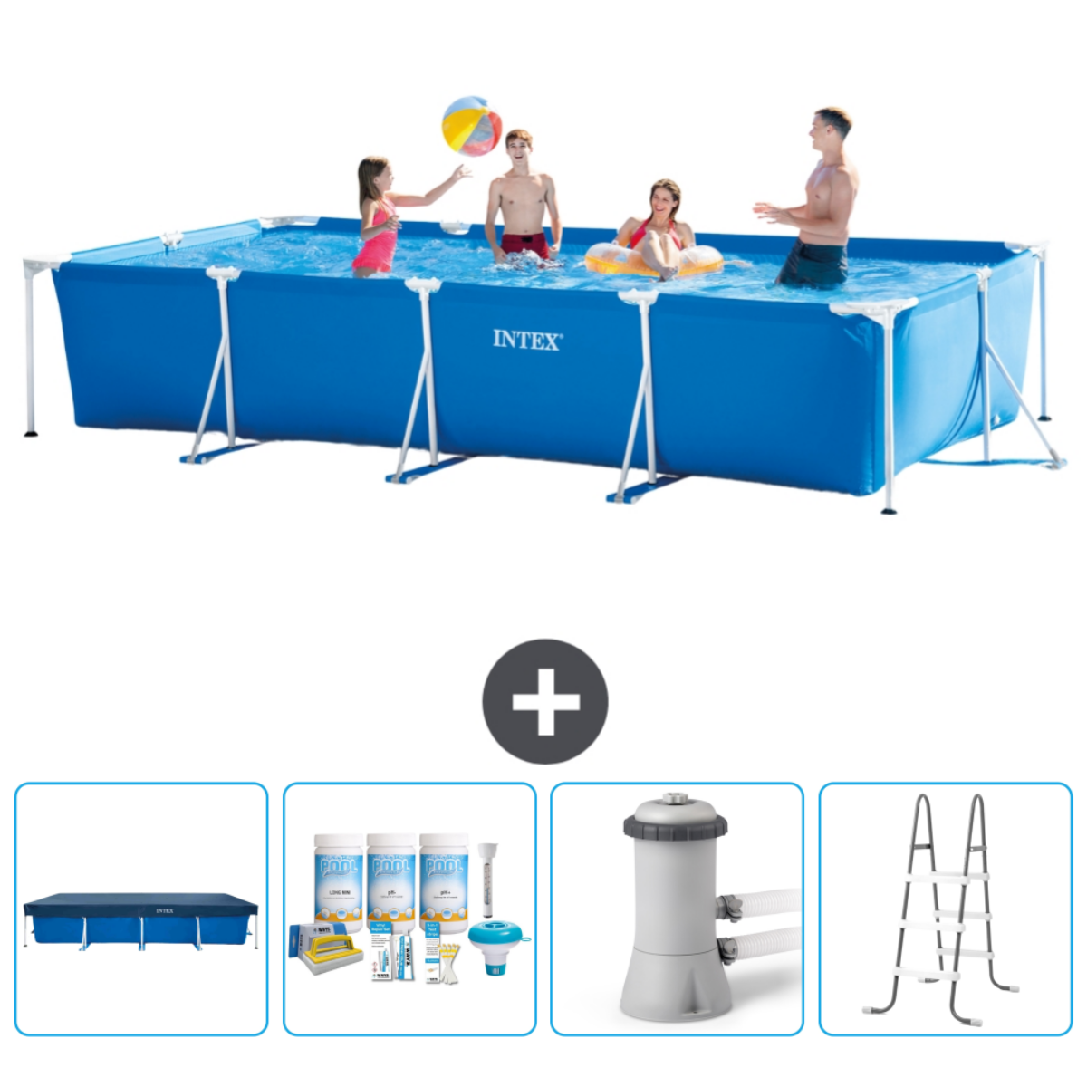 Blue Intex pool with people and accessories. Water is blue. People playing.
