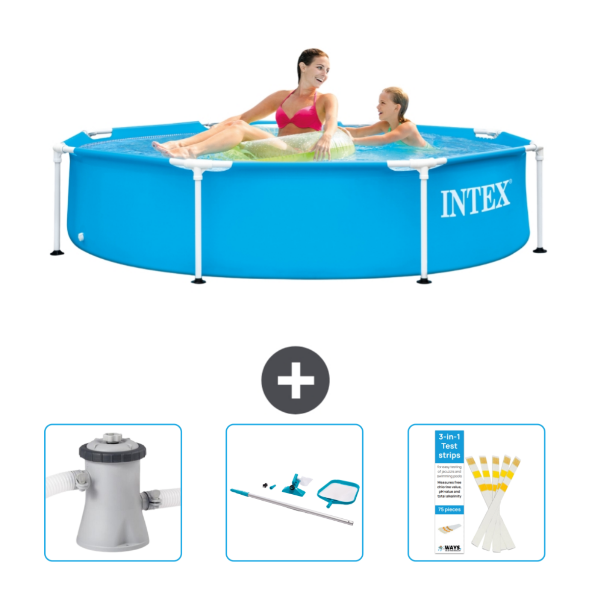 People in a pool, with accessories. Accessories: filter, cleaning tools, and test strips.