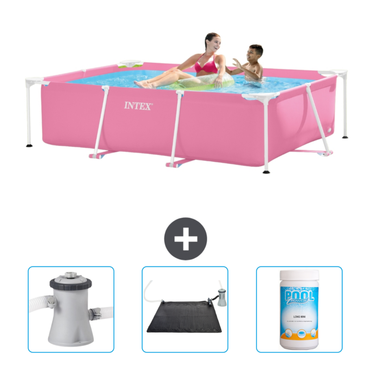 Roze rechthoekig zwembad met mensen en accessoires.