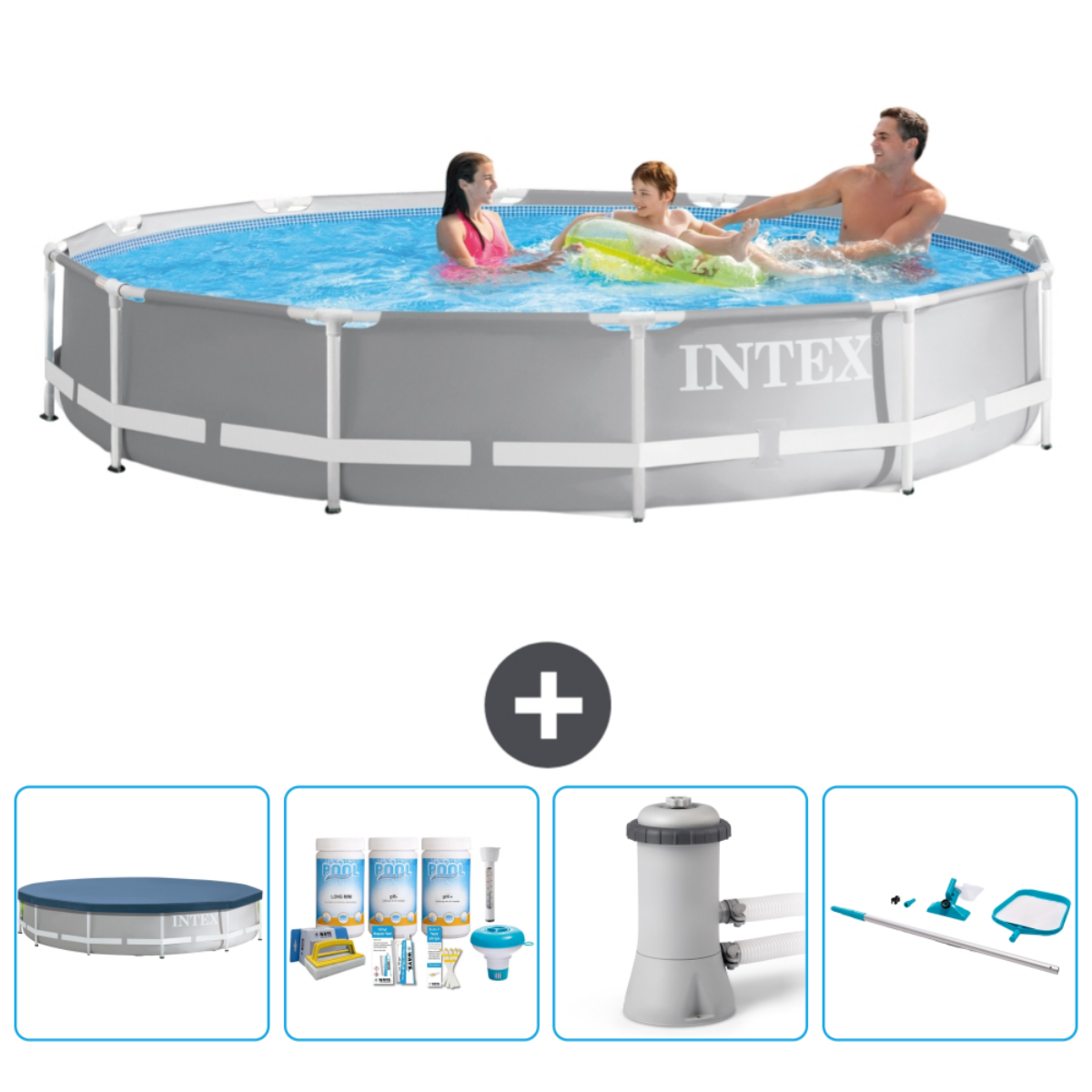 Des personnes dans une piscine Intex grise. Accessoires : bâche, produits chimiques, filtre et outils de nettoyage.