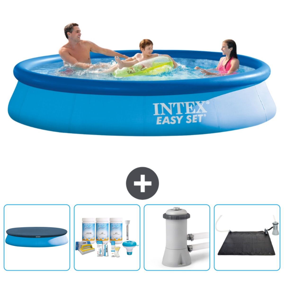 Piscine gonflable bleue avec famille. Inclut filtre, produits chimiques, tapis solaire et couverture. Gens dans l'eau.