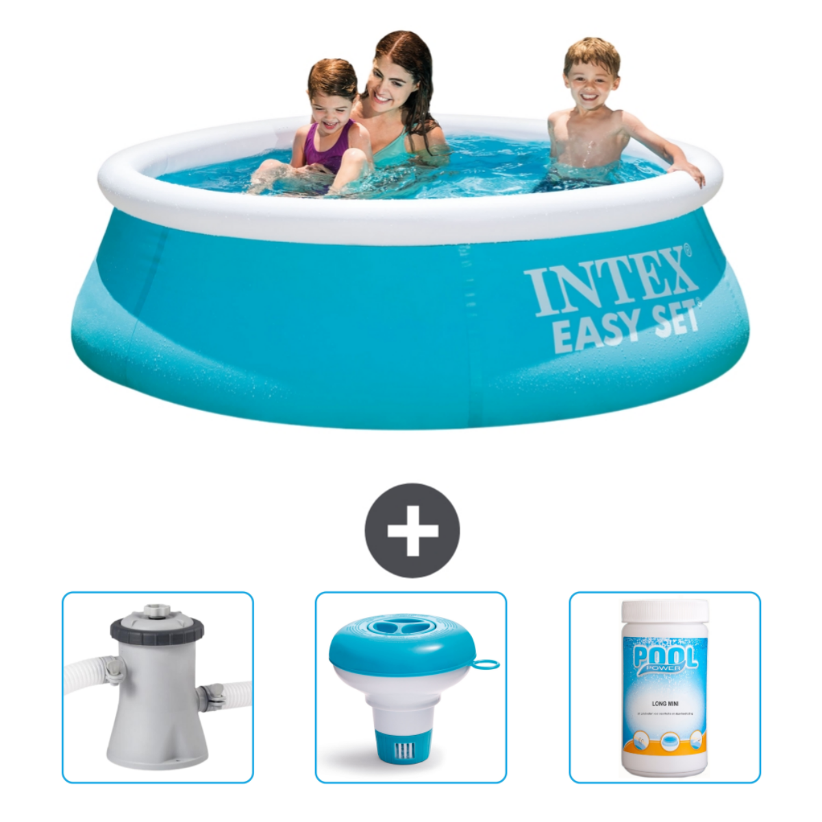 Ein türkis Pool mit Personen. Enthält einen Filter, einen Chemikalienspender und eine Chemikalie.