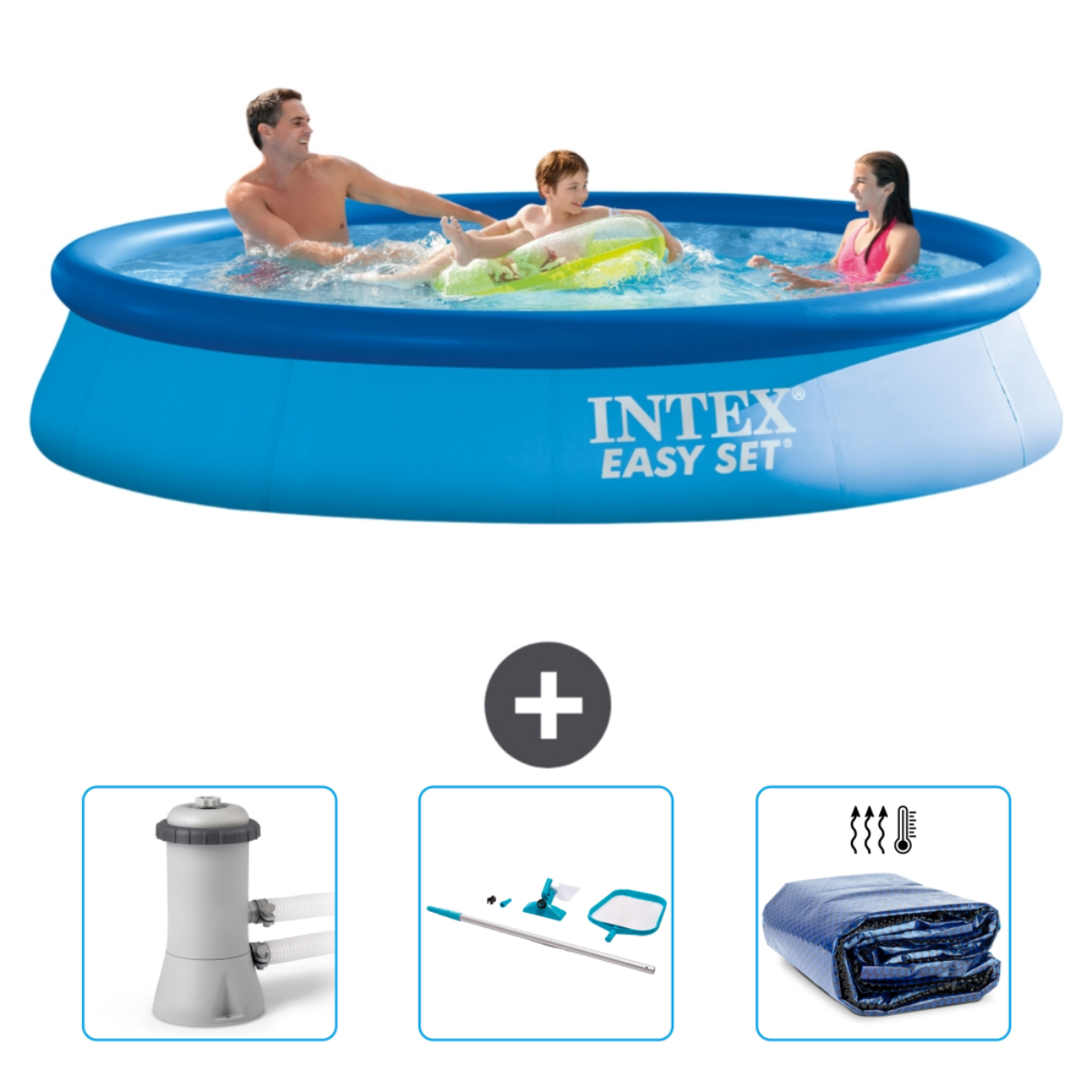 Ein blauer Pool mit Personen, Pluszeichen und Poolzubehör.