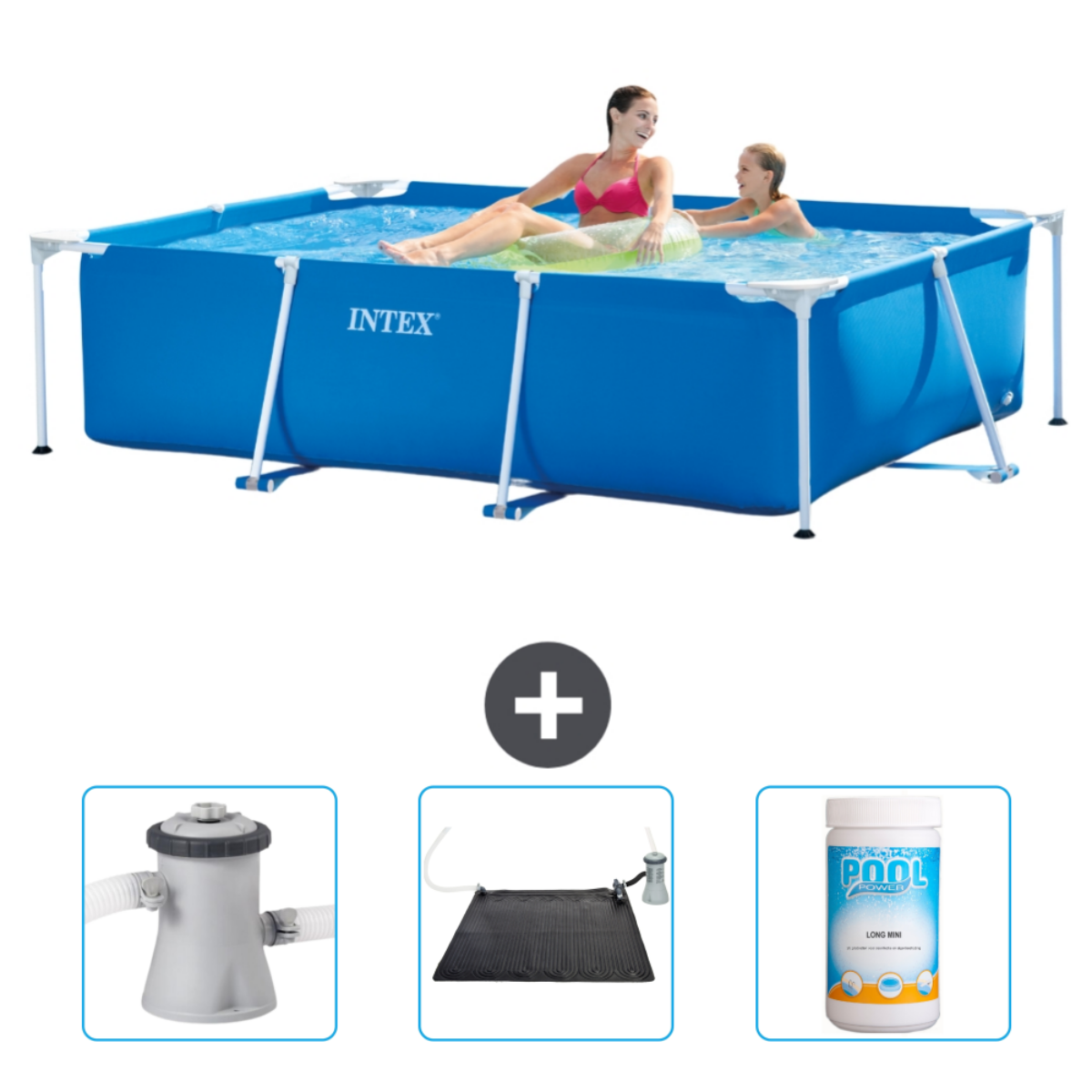 Blauw zwembad met mensen en accessoires. Water is blauw. INTEXT logo.