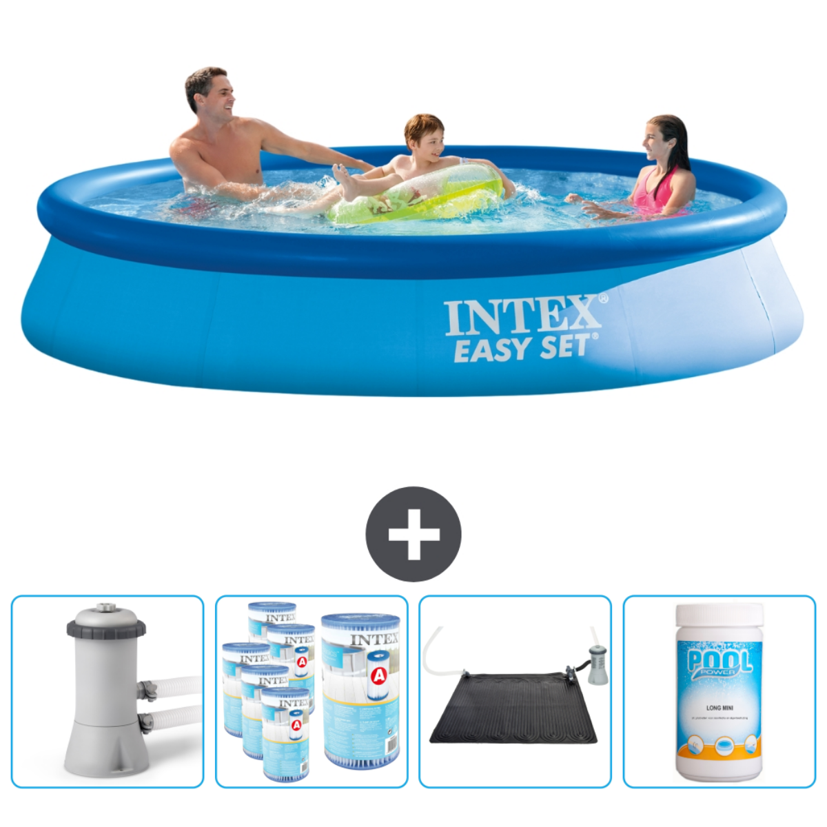 Familie in einem blauen Pool. Zubehör: Pumpe, Chemikalien, Solarmatte und Poolreiniger.
