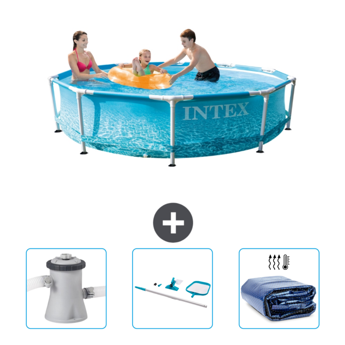Famille dans piscine, enfant sur bouée, produits: filtre, nettoyage, couverture.