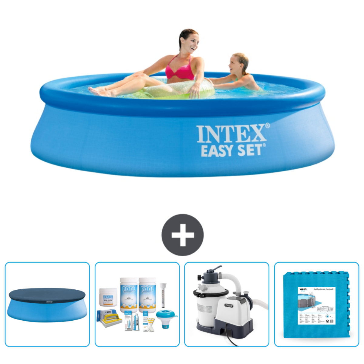 Blauw Intex-zwembad met twee personen. Accessoires zijn een afdekzeil, chemicaliën en een filter.