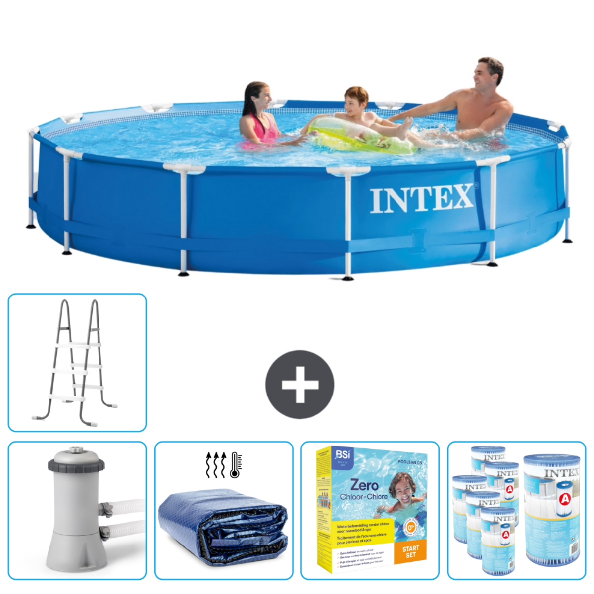 Mensen in een blauw Intex zwembad. Accessoires: ladder, filter, afdekking, chemicaliën en chloor starter kit.