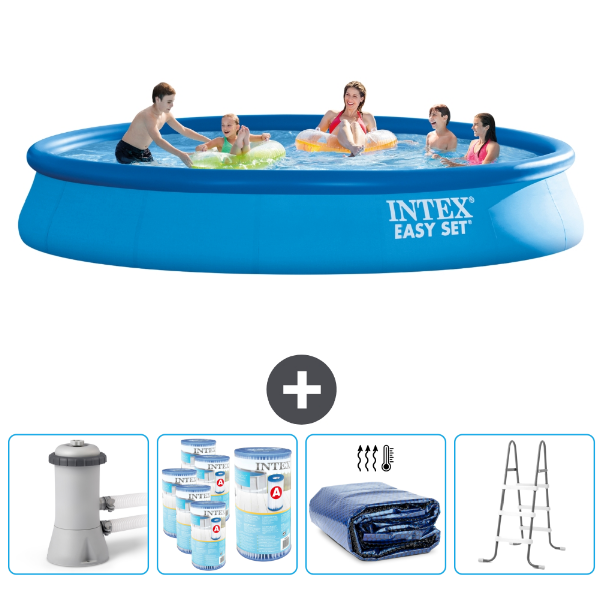 Mensen in een blauw zwembad met accessoires. Op het zwembad staat INTEX EASY SET. Er worden vier accessoires getoond.