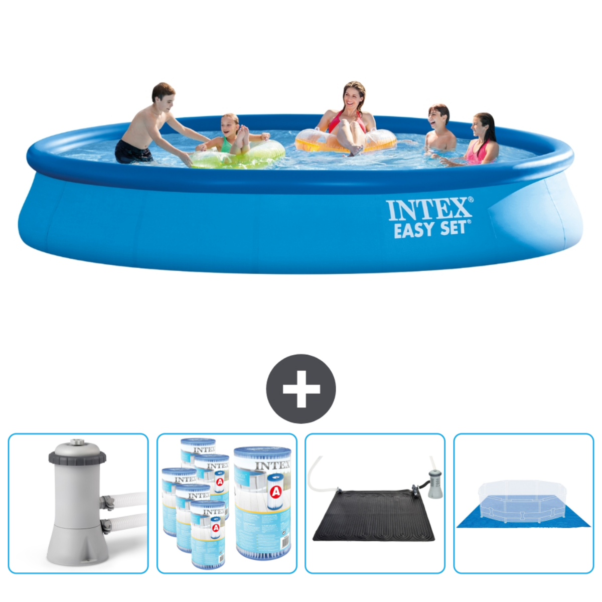 Blauer Pool mit schwimmenden Personen. Poolzubehör unten. Weißer Hintergrund.
