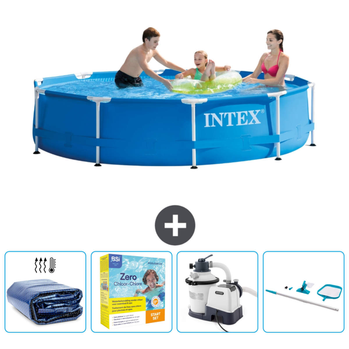 Family in pool, products: cover, chlorine, filter, and cleaning set.