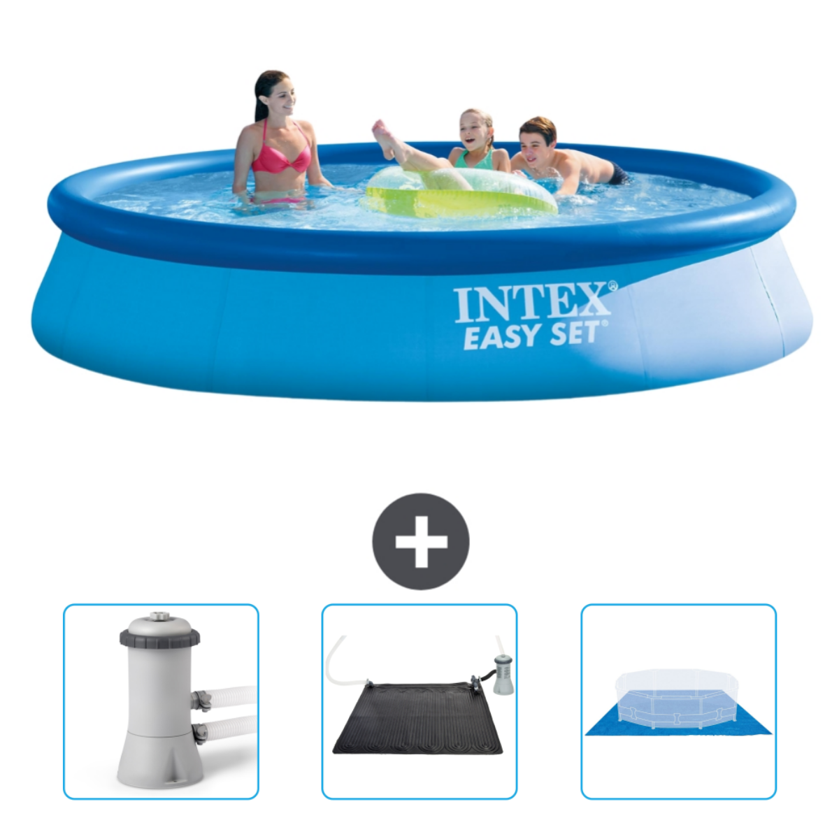 Menschen in einem blauen Pool mit Zubehör. Der Pool sagt INTEX EASY SET. Drei Zubehörteile werden gezeigt.
