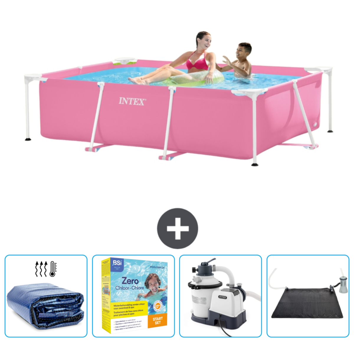 Pink rectangular pool with people and accessories.