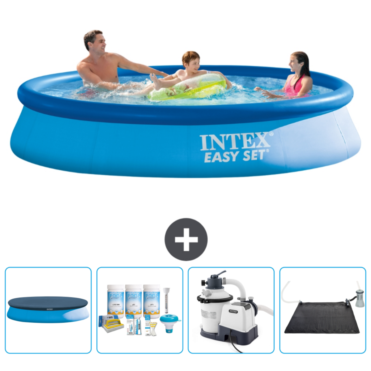 Famille dans piscine Intex Easy Set bleue avec accessoires, dont couverture, filtre et tapis solaire.