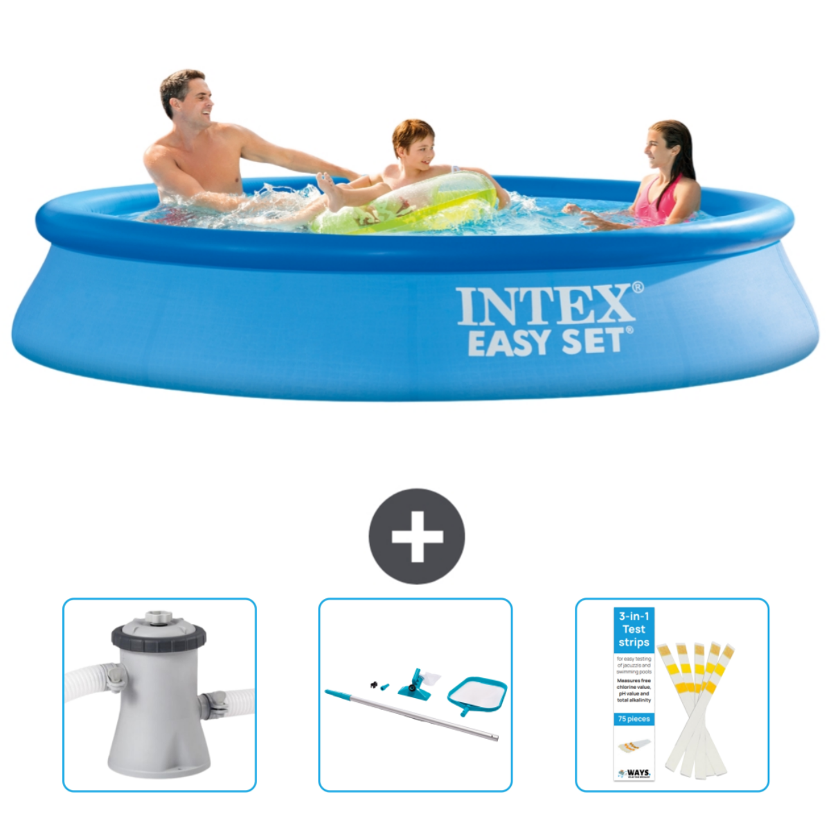 Mensen in een blauw Intex zwembad. Accessoires zijn onder meer een filterpomp en teststrips.