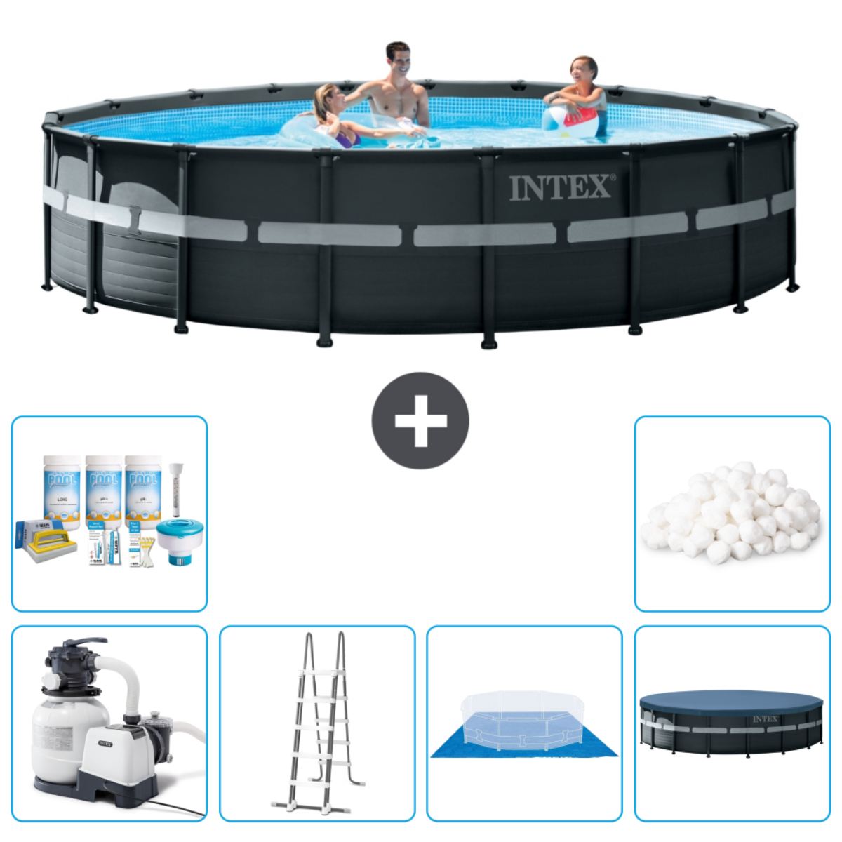 Une piscine sombre avec des personnes. Inclut filtre, produits chimiques, échelle, bâche et accessoires de nettoyage.