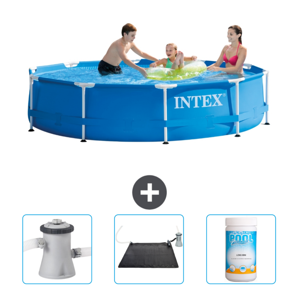 Blauer Intex Pool mit Personen und Zubehör. Wasser ist blau. Personen schwimmen.