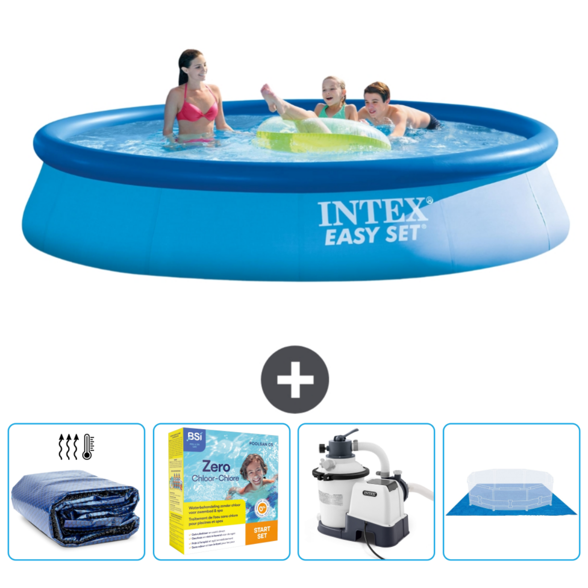 People in a blue Intex Easy Set pool. Accessories include a cover, chemical kit, pump and heater.