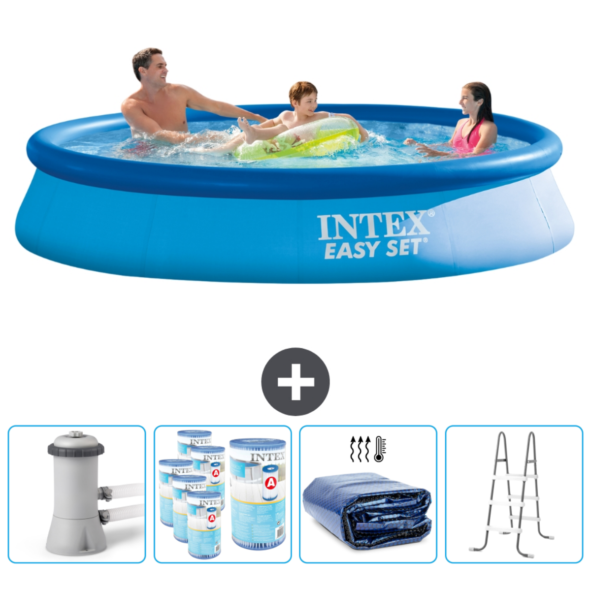 Een blauw Intex zwembad met mensen en accessoires zoals een filter, ladder en zwembadchemicaliën.