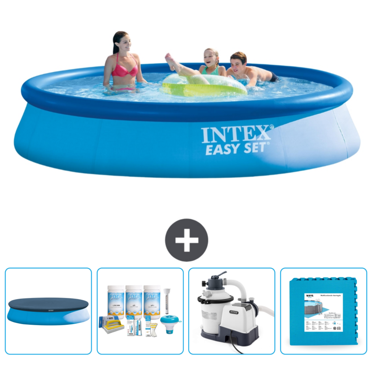 Mensen in een blauw zwembad met accessoires. Op het zwembad staat INTEX EASY SET. Er worden vier accessoires getoond.