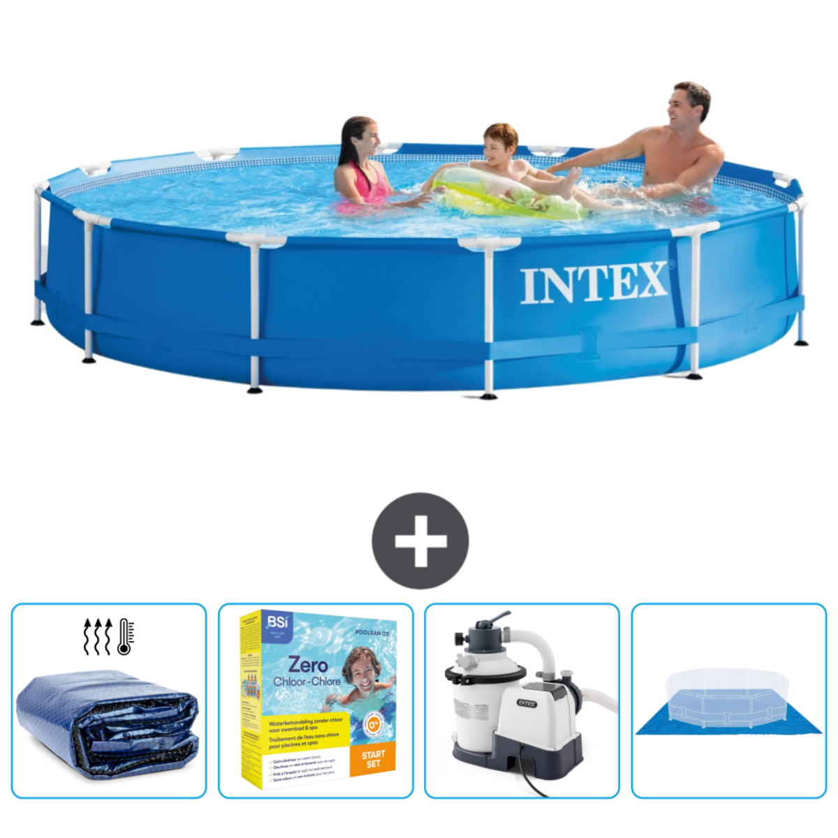 A blue pool with people, plus sign, and pool accessories.