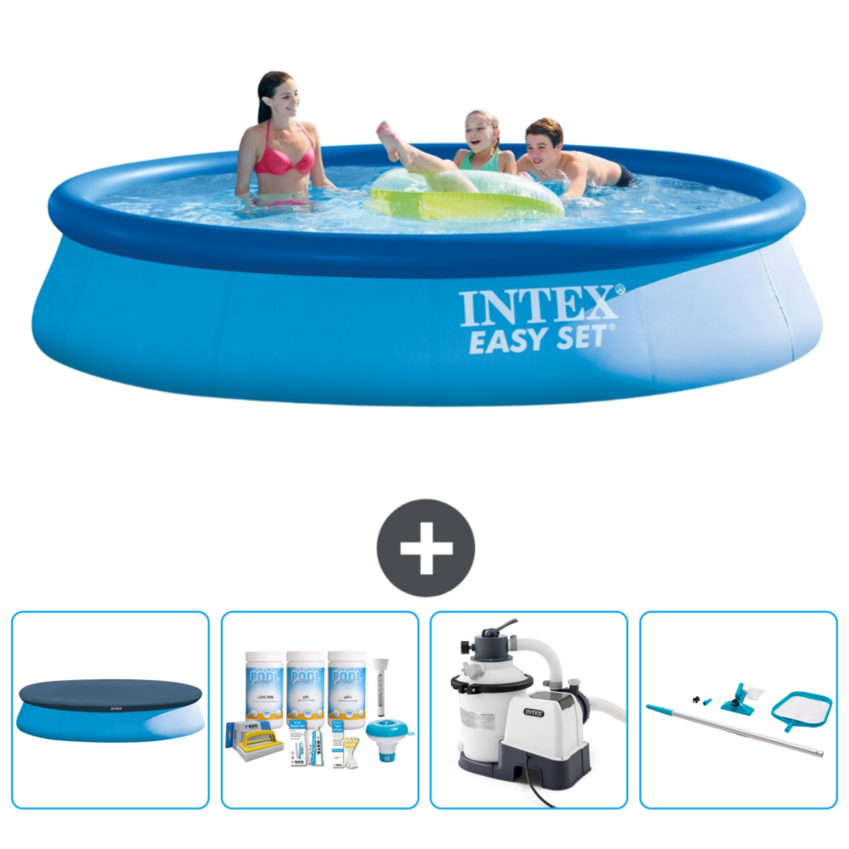 Piscine ronde bleue avec des personnes. Extras : couverture, produits chimiques, filtre et outils de nettoyage.