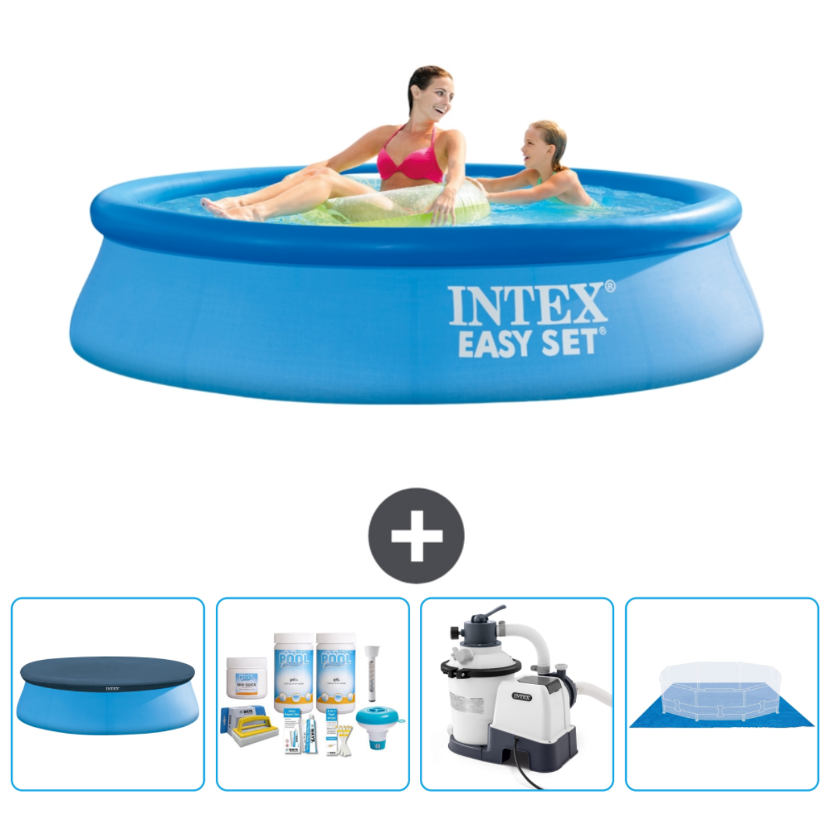 Piscine Intex Easy Set bleue avec personnes et accessoires. L'eau est bleue.