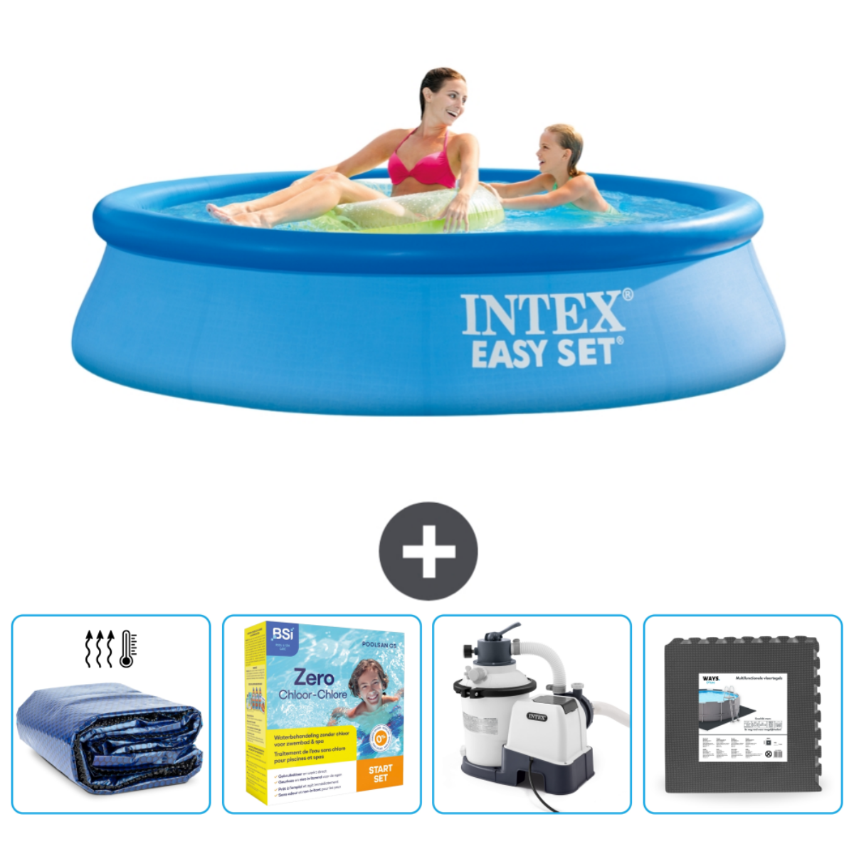 Mensen in een blauw Intex Easy Set zwembad. Accessoires: afdekking, chemicaliën, filter en zwembadmatten.
