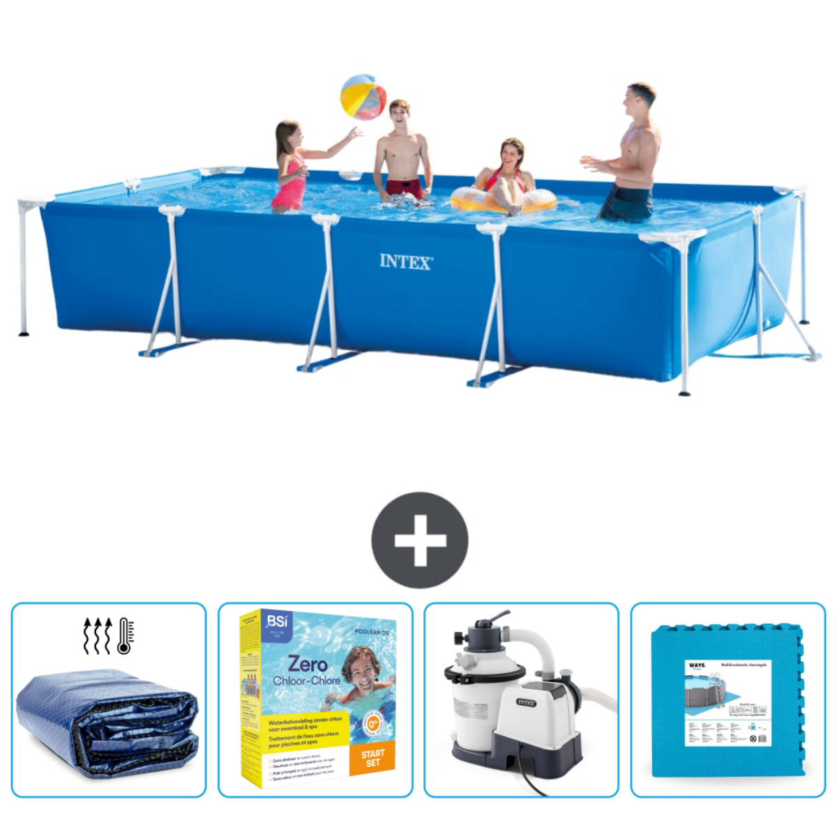 People in a blue rectangular pool. Accessories included.