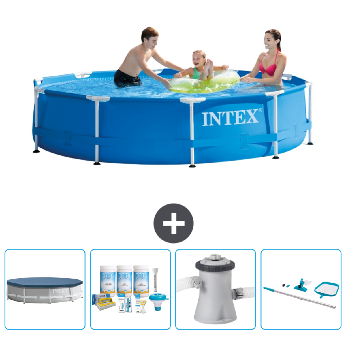 A blue pool with people and accessories. Includes filter, chemicals, skimmer, and cover.