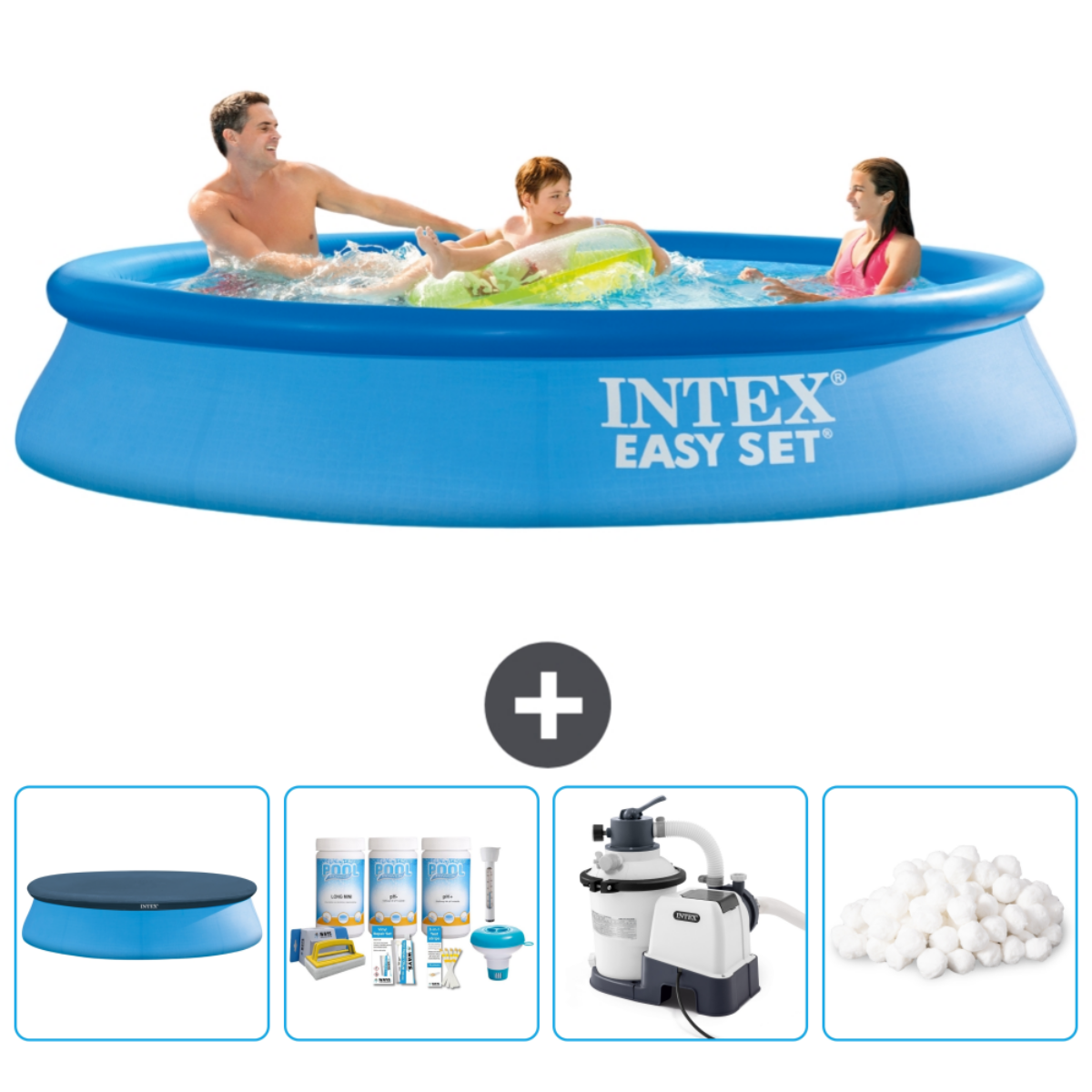 Blauw Intex Easy Set zwembad met mensen. Inclusief afdekzeil, filter, chemicaliën en ballen.