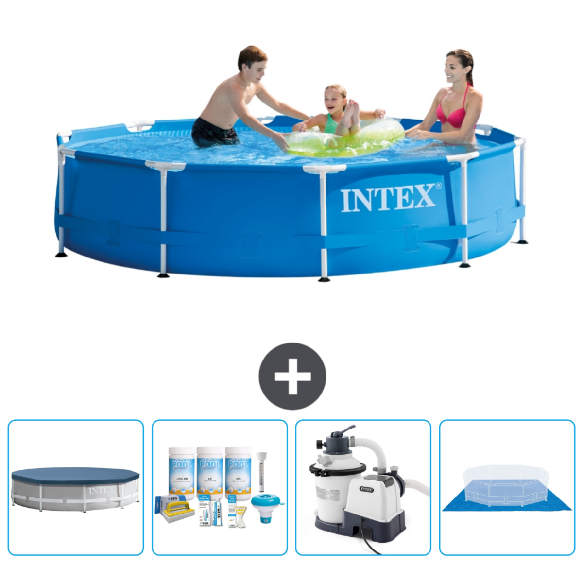 People in a blue Intex pool. Accessories: cover, chemicals, filter, and cleaning tools.