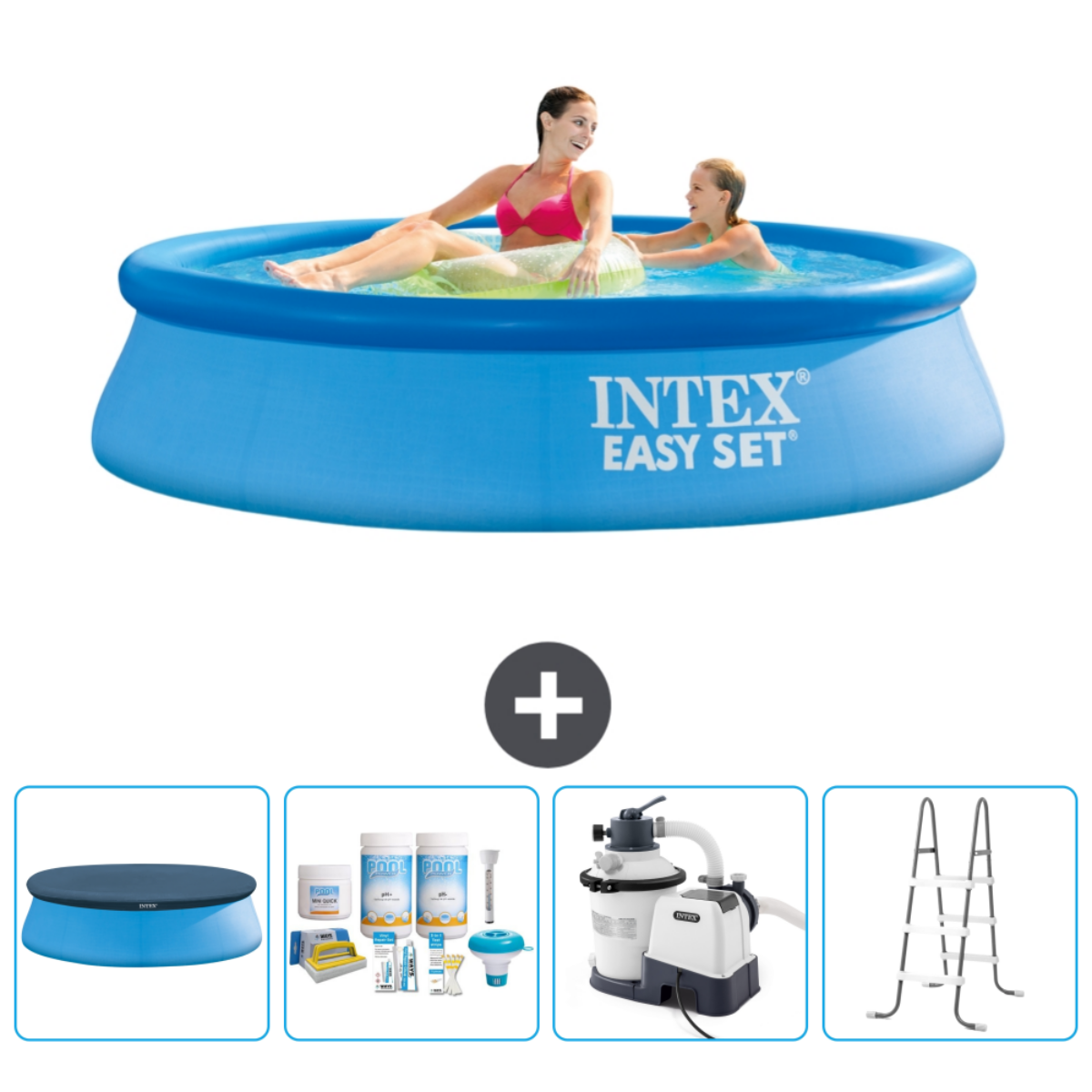 A blue Intex pool with people in it. Accessories include a cover, filter, ladder and pool chemicals.