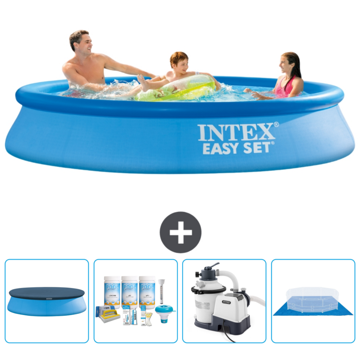 Personnes dans une piscine Intex bleue. Les accessoires incluent une couverture, des équilibreurs de pH, une pompe et un tapis de piscine.
