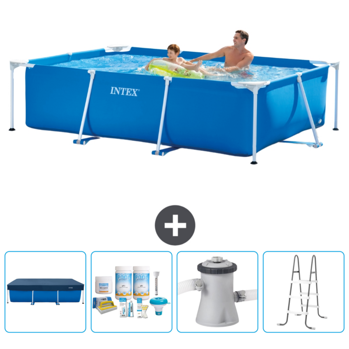 Mensen in een blauw rechthoekig Intex zwembad. Accessoires: afdekzeil, chemische set, ladder en pomp.