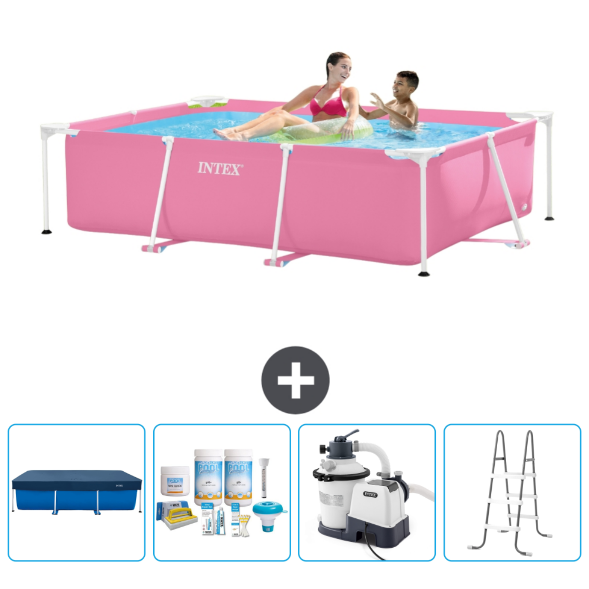People in a pink Intex pool. Accessories include a cover, pH balancers, a pump, and a ladder.