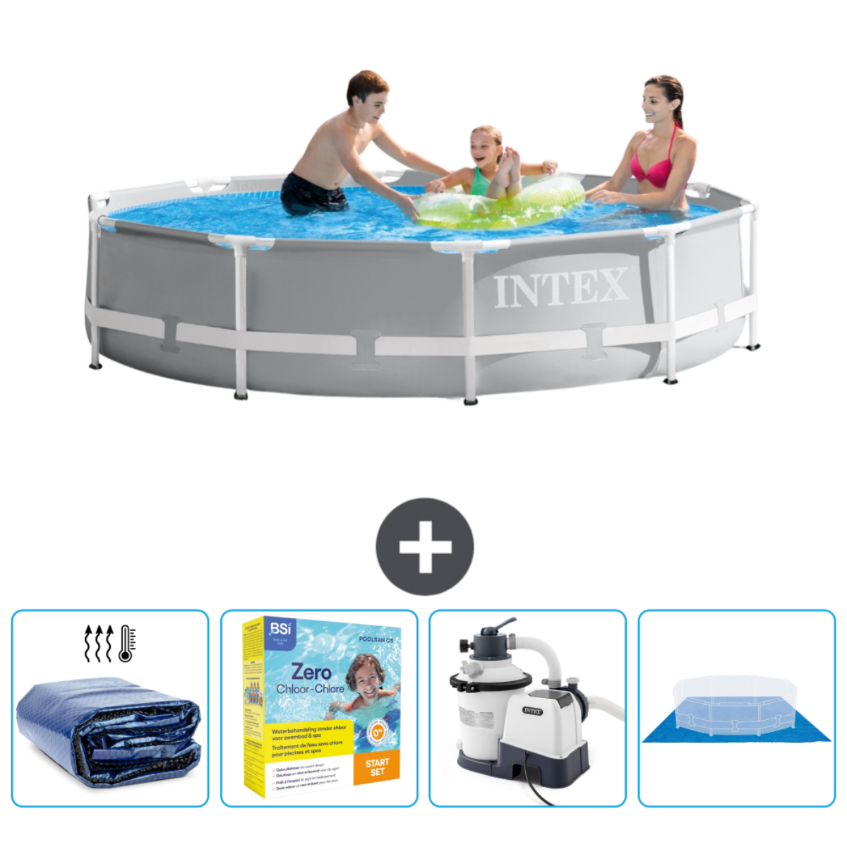 Gray pool with people swimming. Pool supplies below. White background.