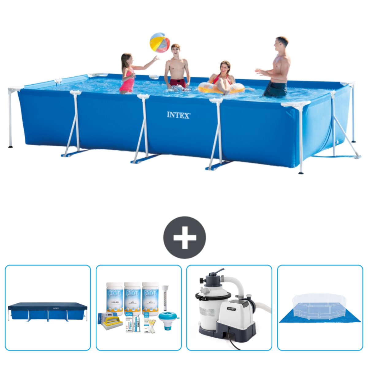 People in a blue rectangular pool with accessories. Includes a cover, filter, and chemicals.