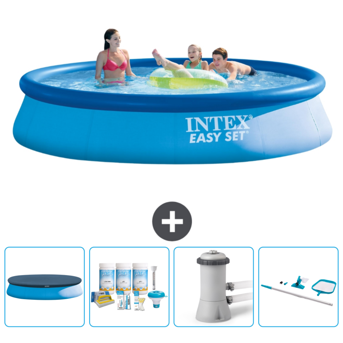 Mensen in een blauw Intex Easy Set zwembad. Accessoires: afdekzeil, chemische set, pomp en accessoires.