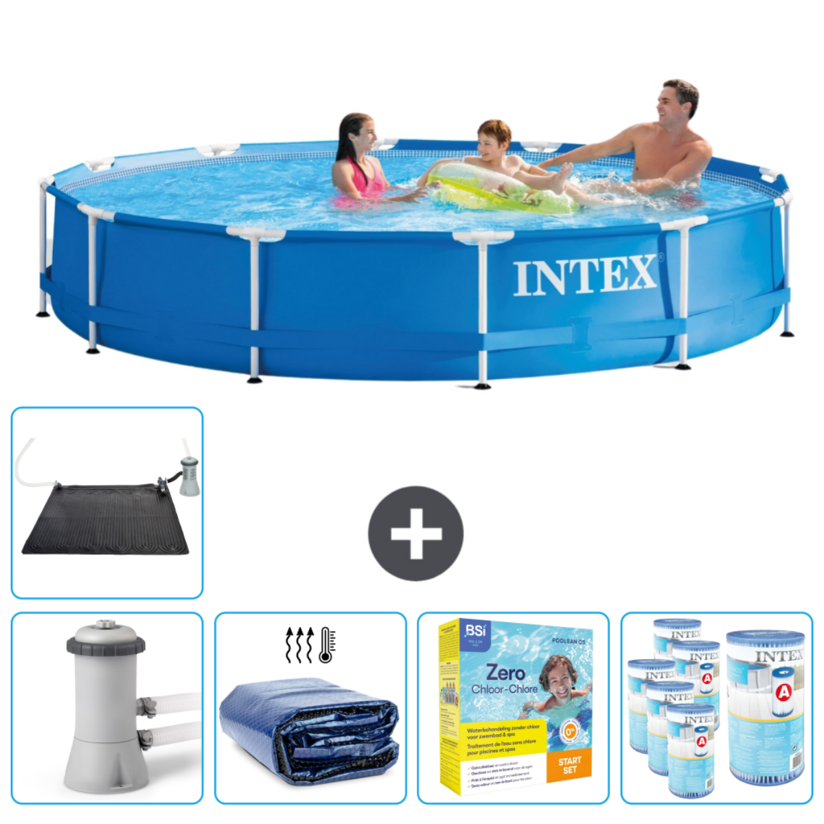 Blauw Intex zwembad met mensen en accessoires. Water is blauw. Mensen spelen.