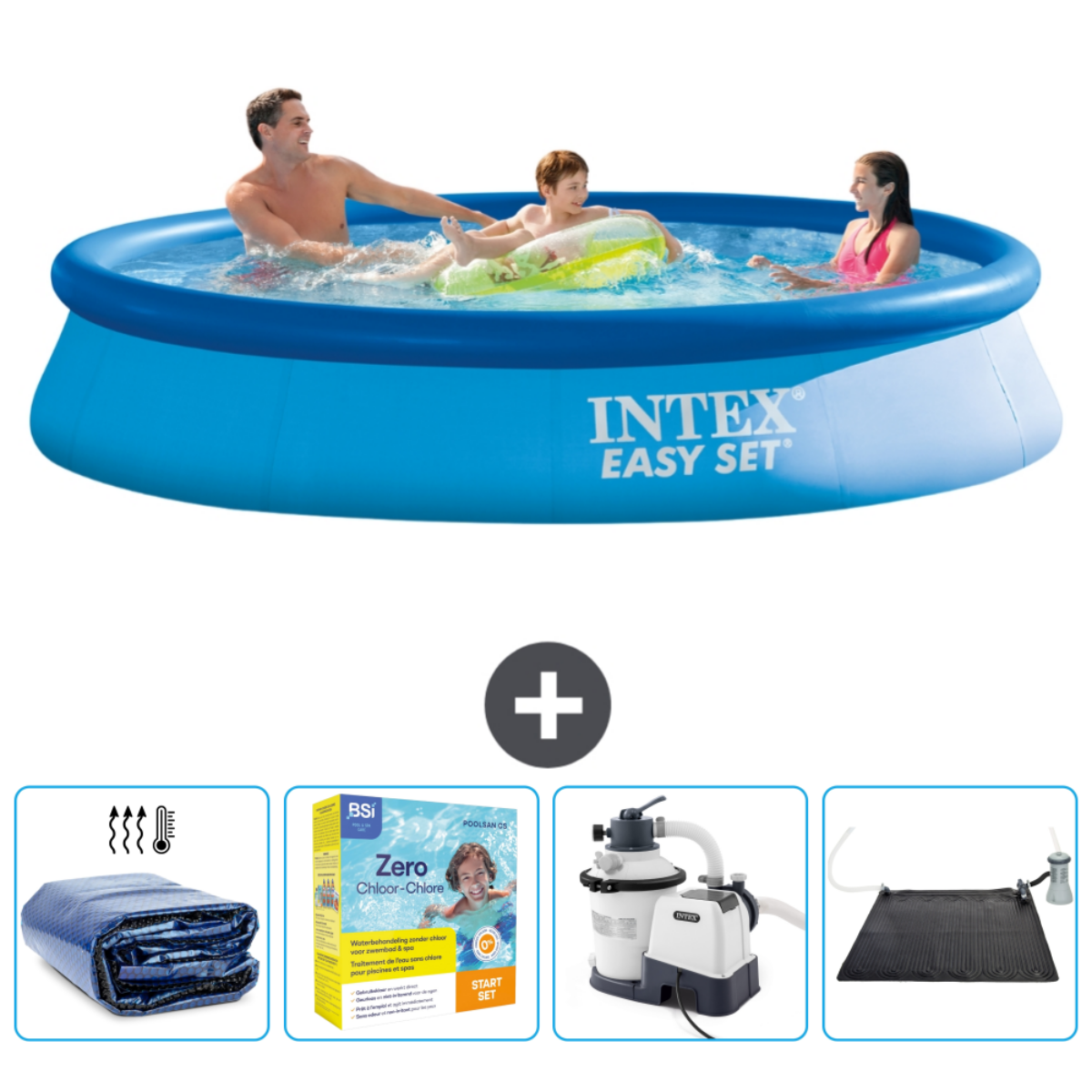 Mensen in een blauw Intex Easy Set zwembad. Accessoires: afdekking, chemicaliën, filter en zonnescherm.