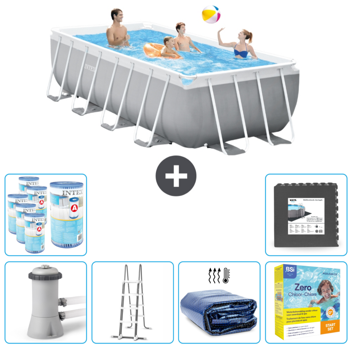 Familie in grijs Intex zwembad met accessoires, waaronder ladder, filter, afdekzeil en chloor.