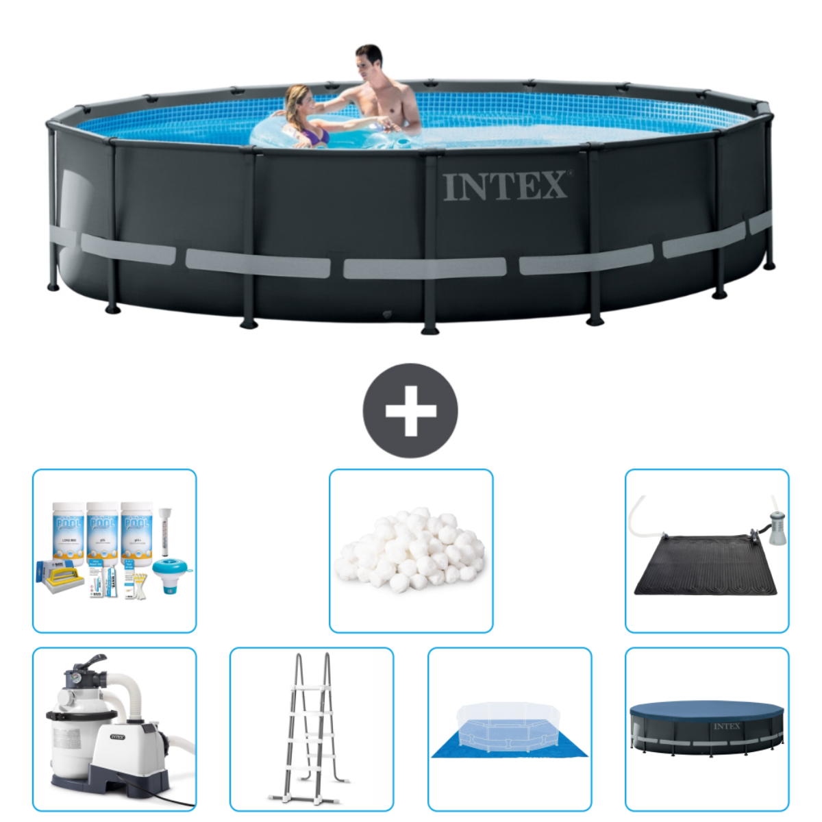Mensen in een donkergrijs Intex zwembad. Accessoires: chemicaliën, filter, ladder, afdekking en zonnescherm.