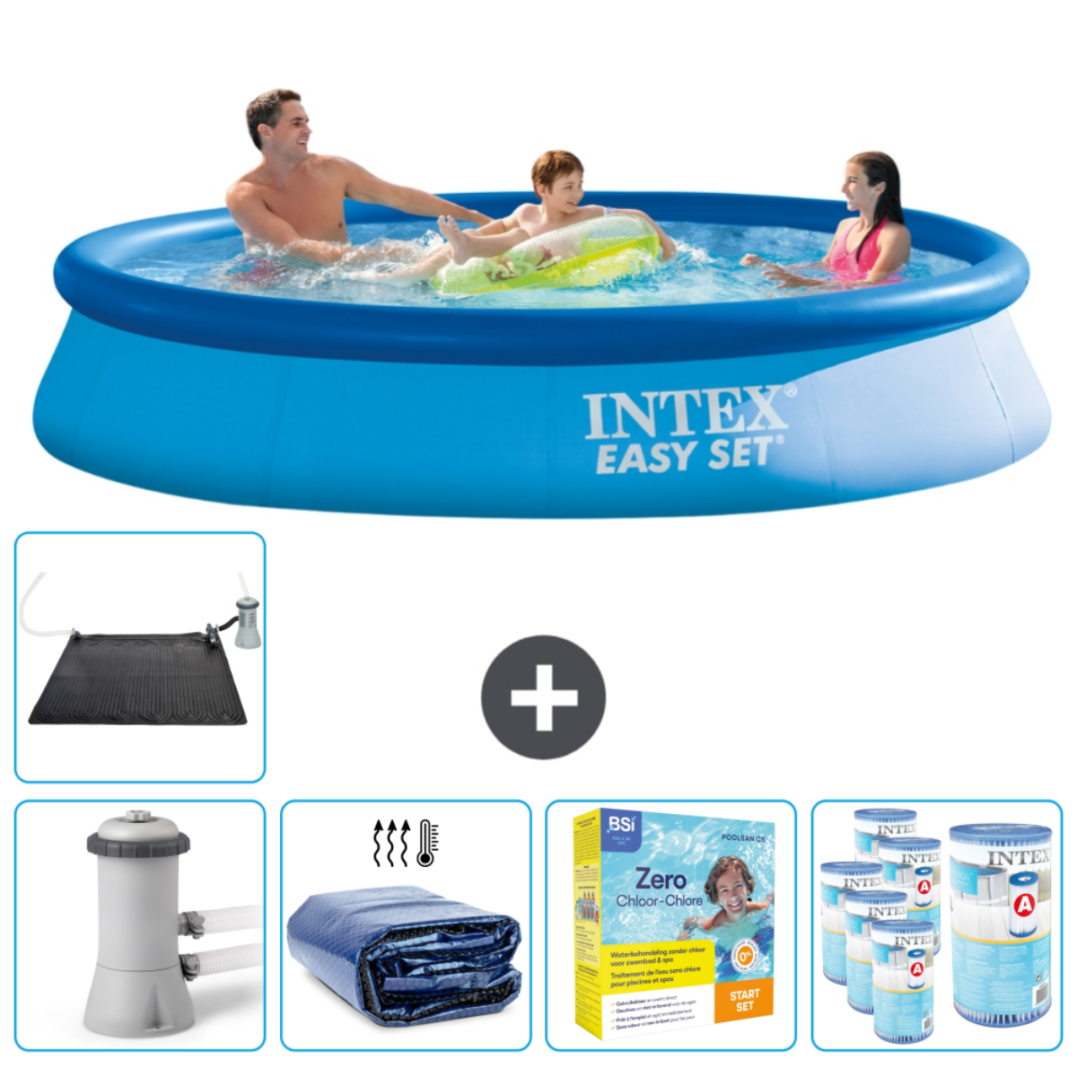 Piscine Intex Easy Set bleue avec personnes. Comprend panneau solaire, filtre, couverture, produits chimiques.