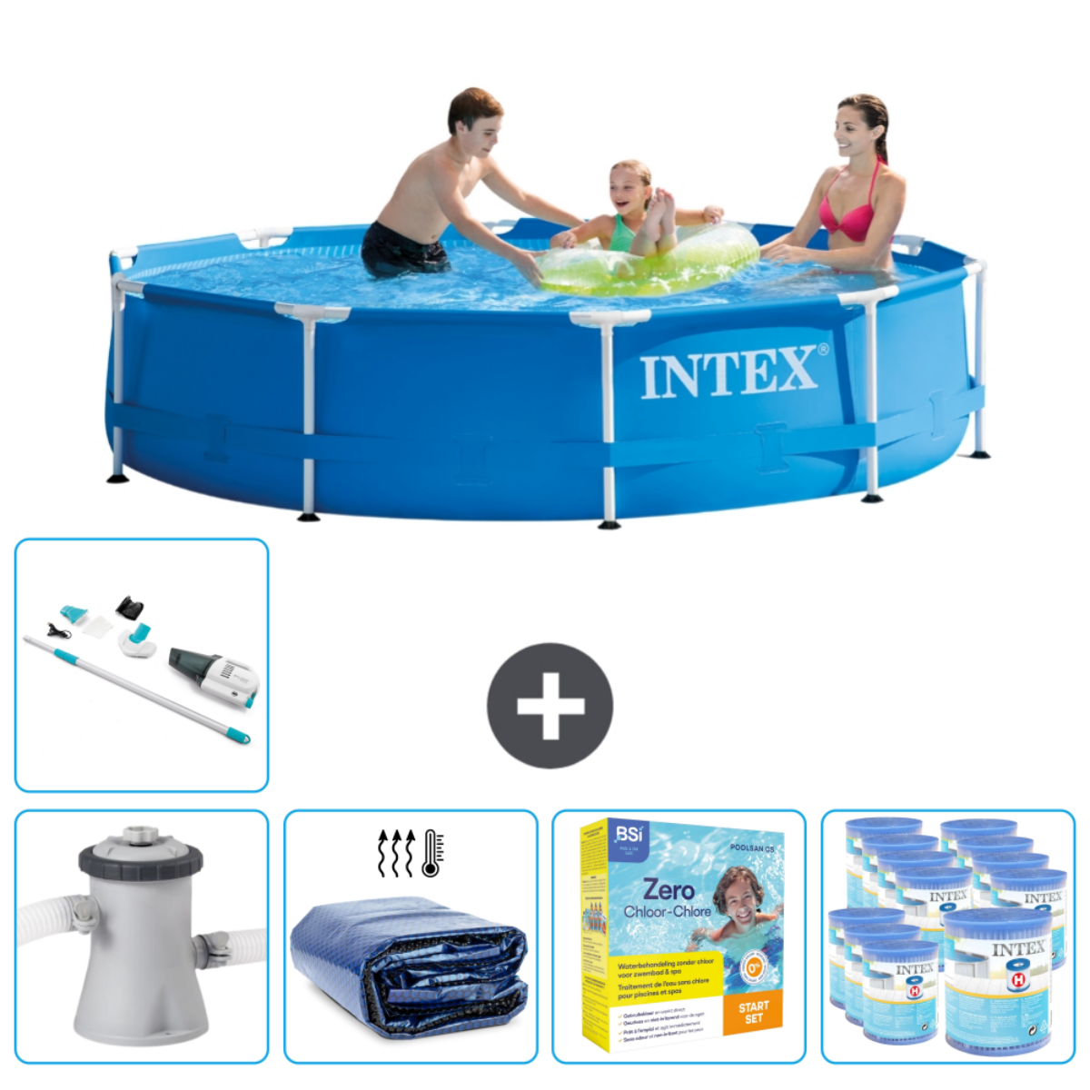 Piscine bleue avec des personnes et des accessoires. Inclut filtre, produits chimiques, bâche et bandelettes de test.